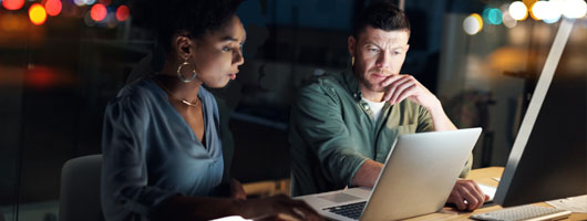 dos trabajadores concentrados mirando un pantalla del portátil